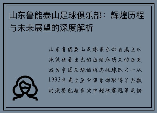 山东鲁能泰山足球俱乐部：辉煌历程与未来展望的深度解析