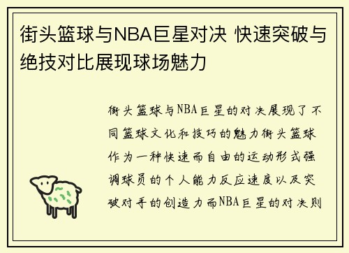 街头篮球与NBA巨星对决 快速突破与绝技对比展现球场魅力