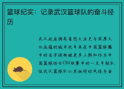 篮球纪实：记录武汉篮球队的奋斗经历