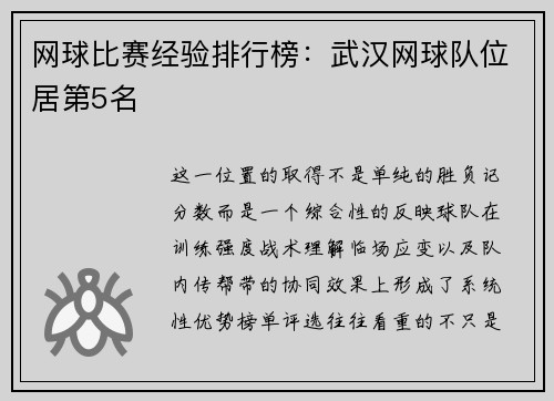 网球比赛经验排行榜：武汉网球队位居第5名